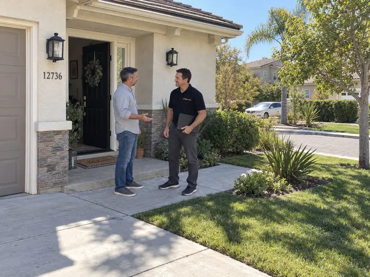 IBA Builders representative talking with a homeowner at their front door