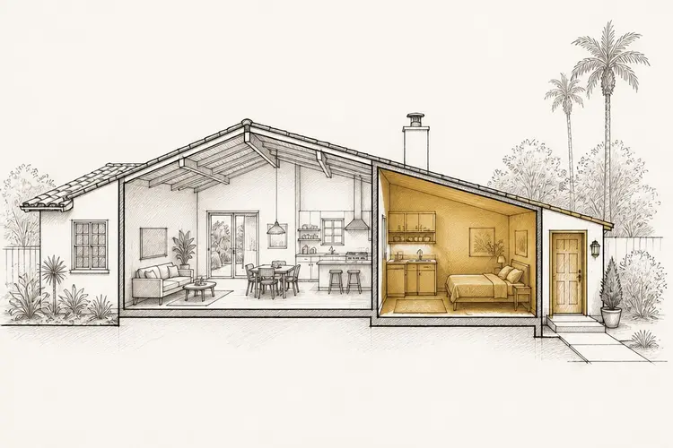 Hand-drawn cutaway of a Los Angeles home with a JADU unit inside