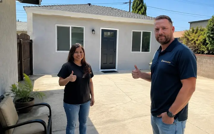 Homeowner and the IBA Builders representative giving a thumbs up outside a finished ADU