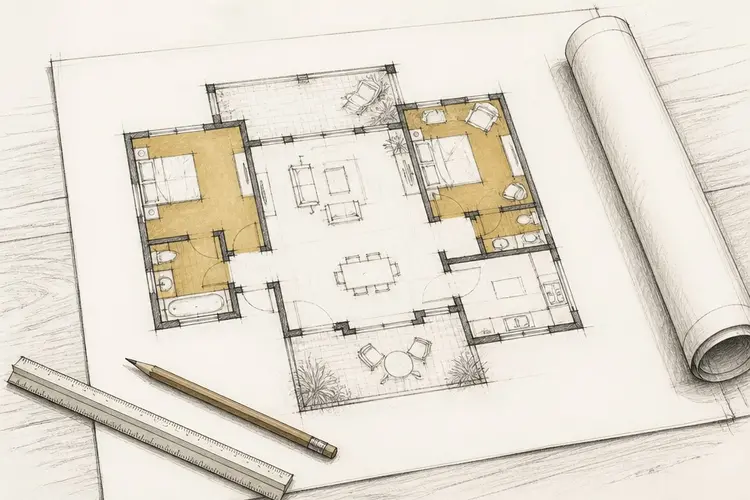 Hand-drawn ADU floor plans on a drafting table