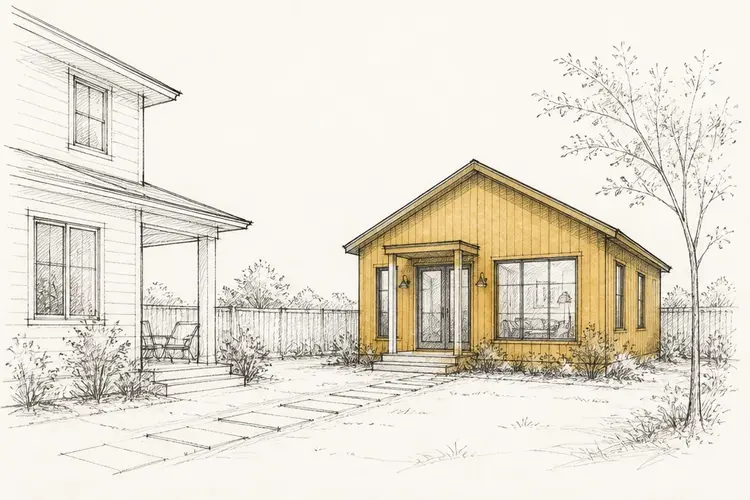 Hand-drawn sketch of a detached backyard ADU cottage