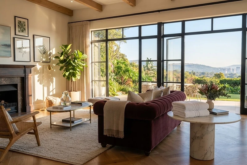A pristine, sun-drenched living room cleaned by EXPOLI
