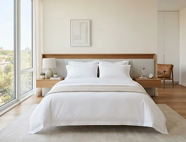 Neatly made bed in a clean minimalist bedroom