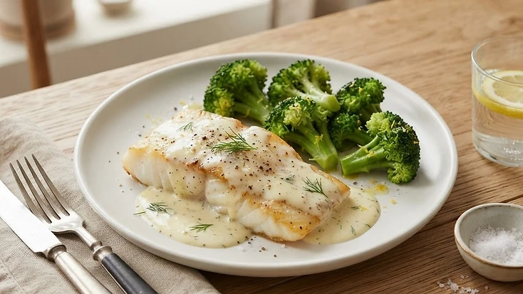 Fish with Liquigen sauce and broccoli