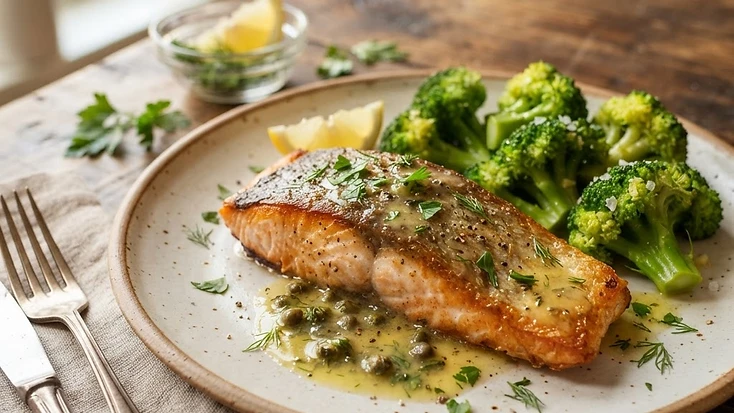 Fatty fish with butter sauce and broccoli