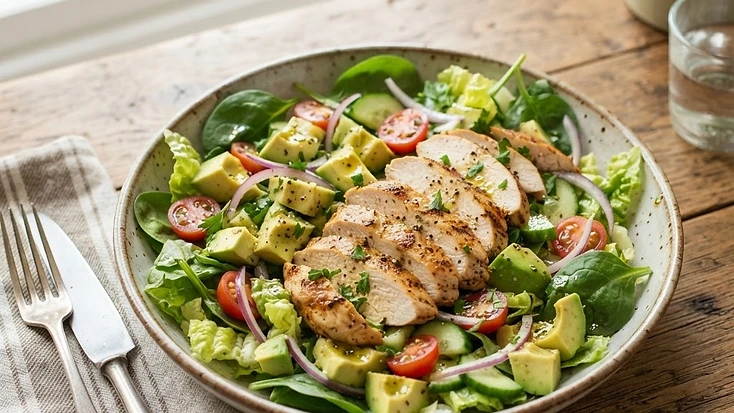 Chicken salad with avocado and olive oil