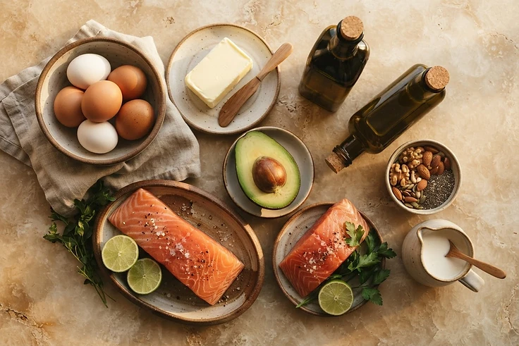 Ketogenic ingredients laid out on a warm surface