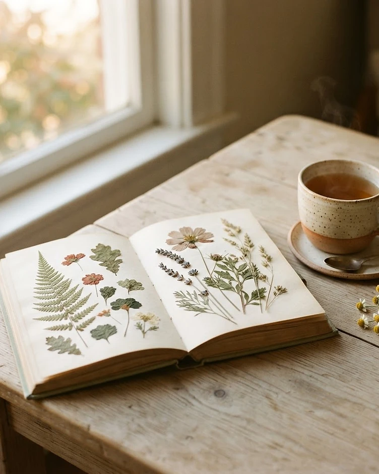 Caderno aberto com folhas e flores prensadas ao lado de chá de ervas