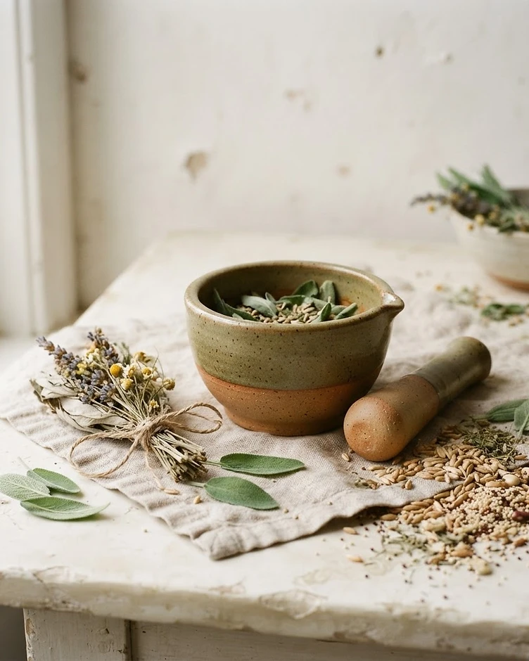 Pilão de cerâmica com ervas frescas e grãos sobre linho natural