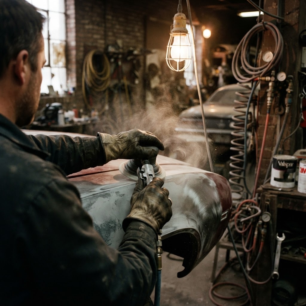 Mid-shot of hands using a DA sander to smooth a metal car fender in a workshop.