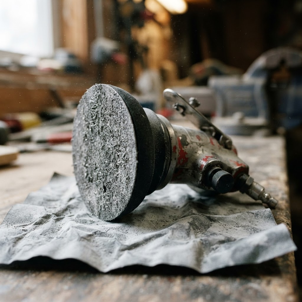 Macro view of a used, dust-covered pneumatic DA sander sitting on sandpaper.