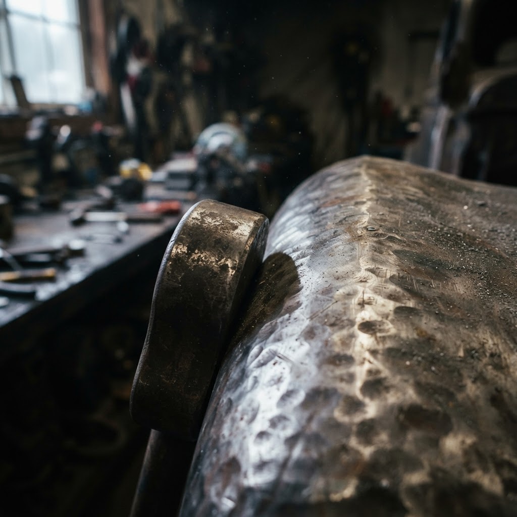 A close-up view of a worn steel dolly pressed against a raw, dented car panel in a workshop.