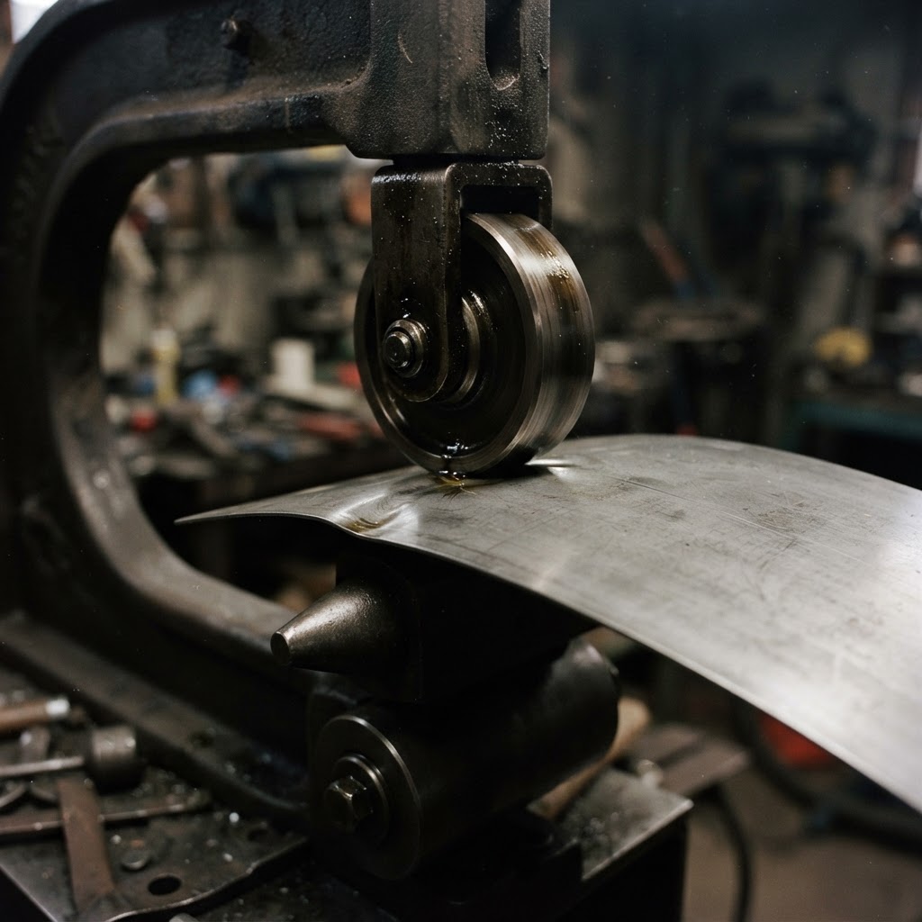 A close-up of a steel panel being shaped between the hardened rollers of an English Wheel.