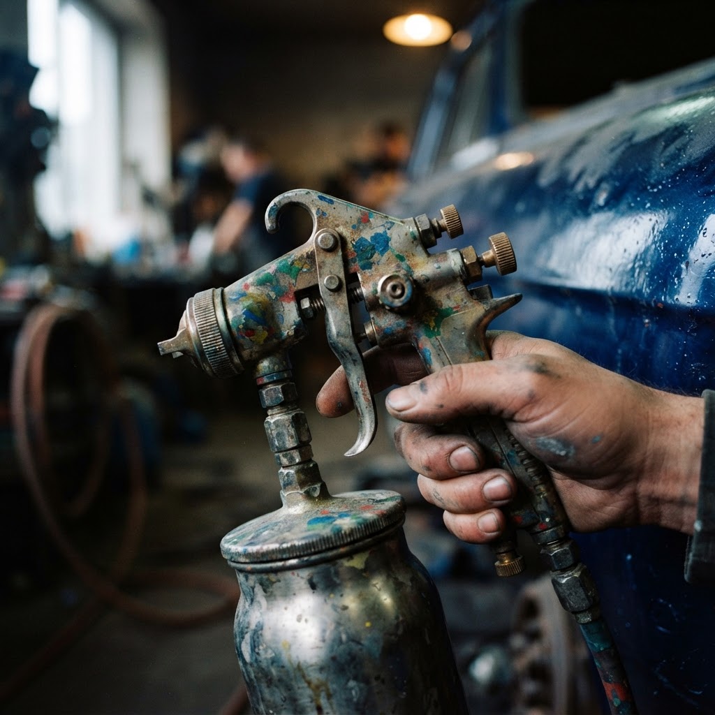 Close-up of a paint-splattered vintage spray gun held against the uneven texture of a freshly painted car fender.