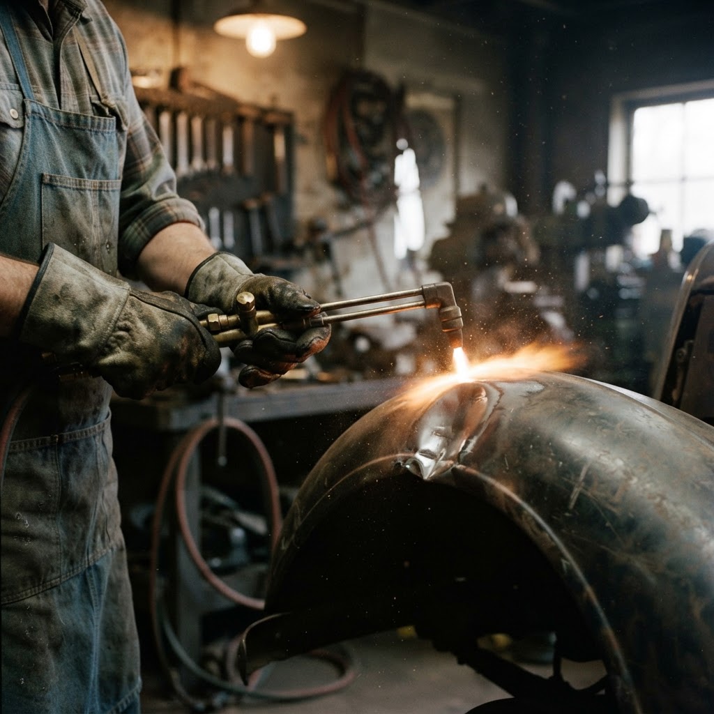 Hands in leather gloves use an oxy-acetylene torch to heat and repair a metal car fender in a workshop.