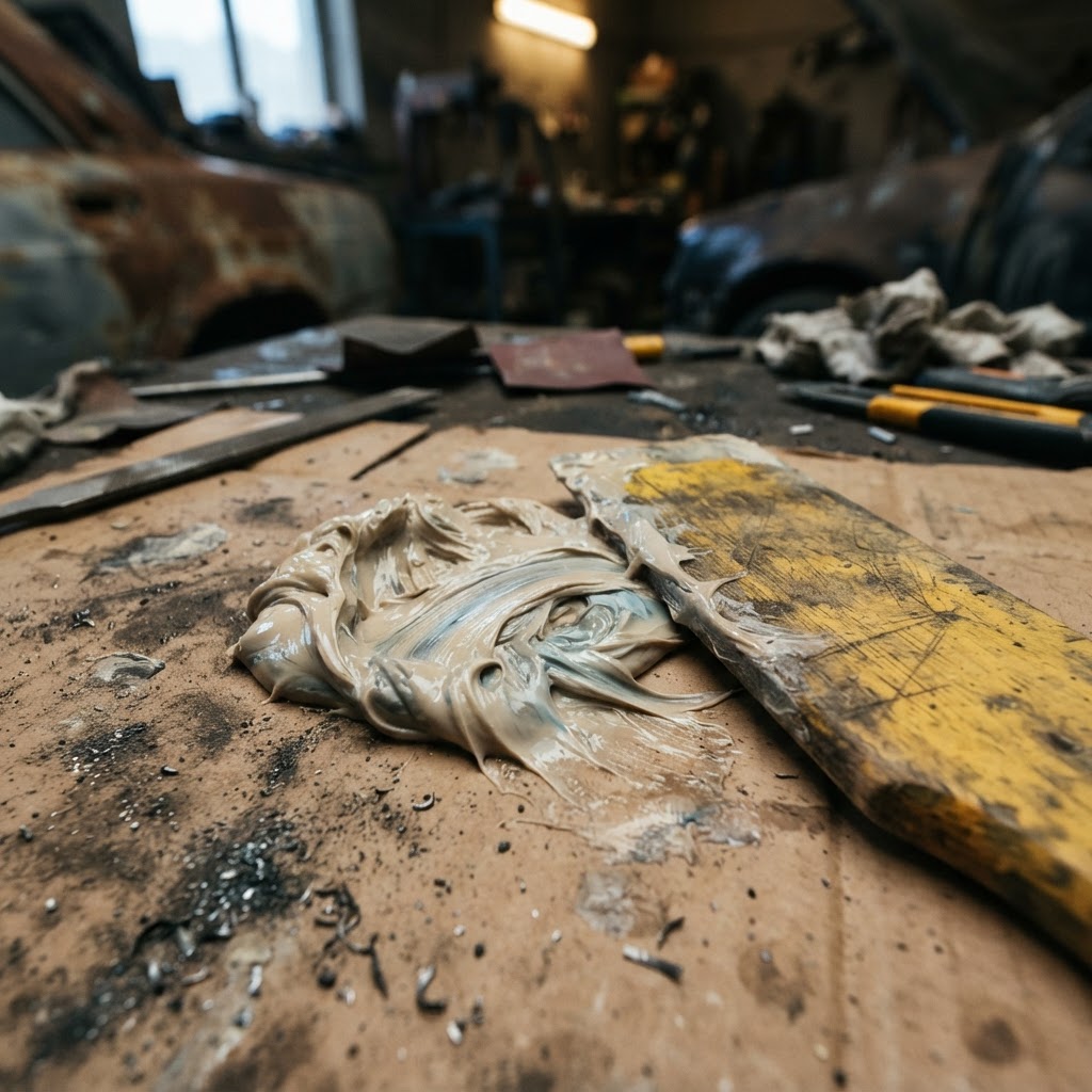 Close-up of a wooden paddle and freshly mixed polyester body filler on a workbench.