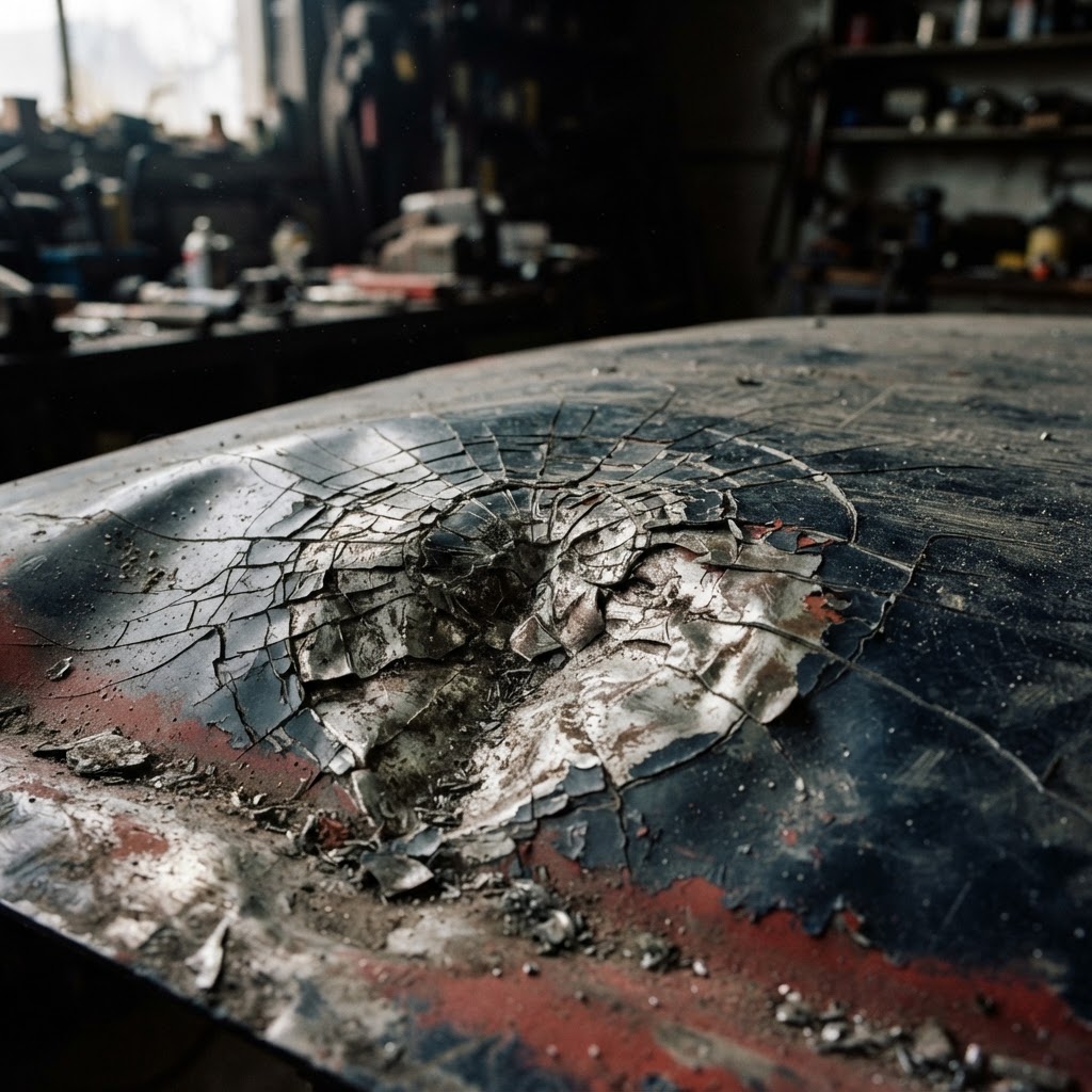 Extreme close-up of a dented steel car panel showing cracked paint and raw, deformed metal texture.