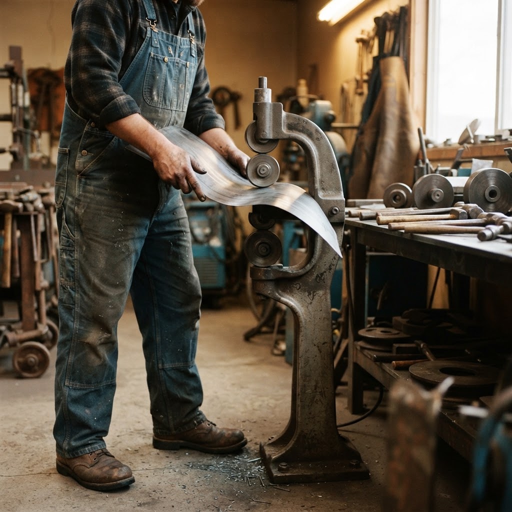 The hands of a craftsman shaping a curved steel fender on an English Wheel in a classic workshop.