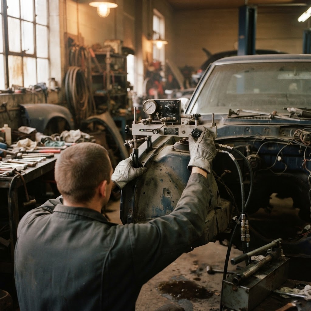 Close-up of hands adjusting hydraulic measuring tools on a car chassis in a vintage workshop.