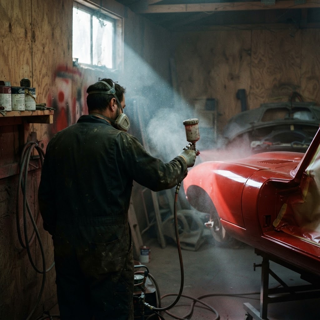 A technician spraying paint in a primitive, sunlight-streaked makeshift workshop booth.