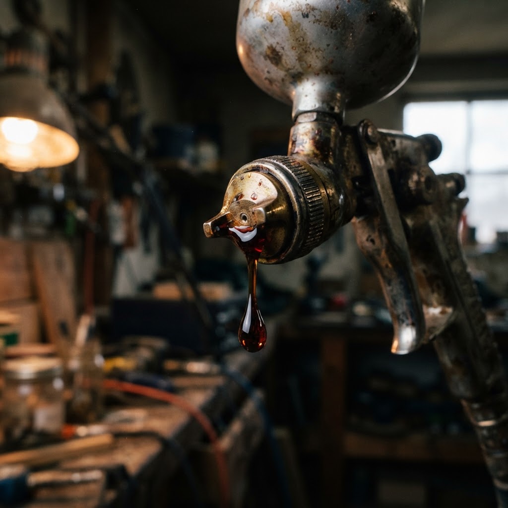 A close-up of a weathered vintage spray gun holding a bead of glossy, liquid nitrocellulose lacquer.