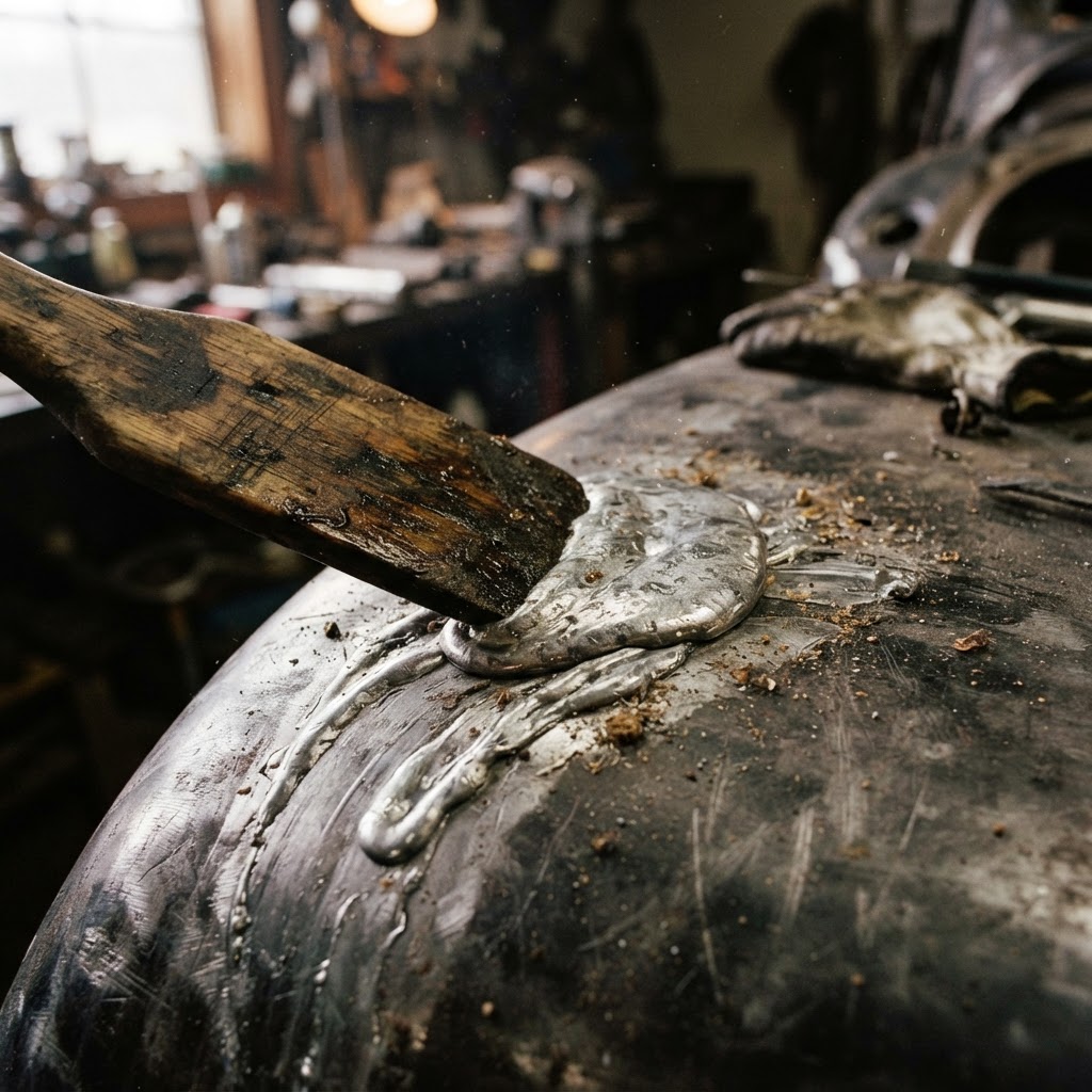 Close-up of molten lead solder being smoothed onto a steel car panel with a wooden paddle.