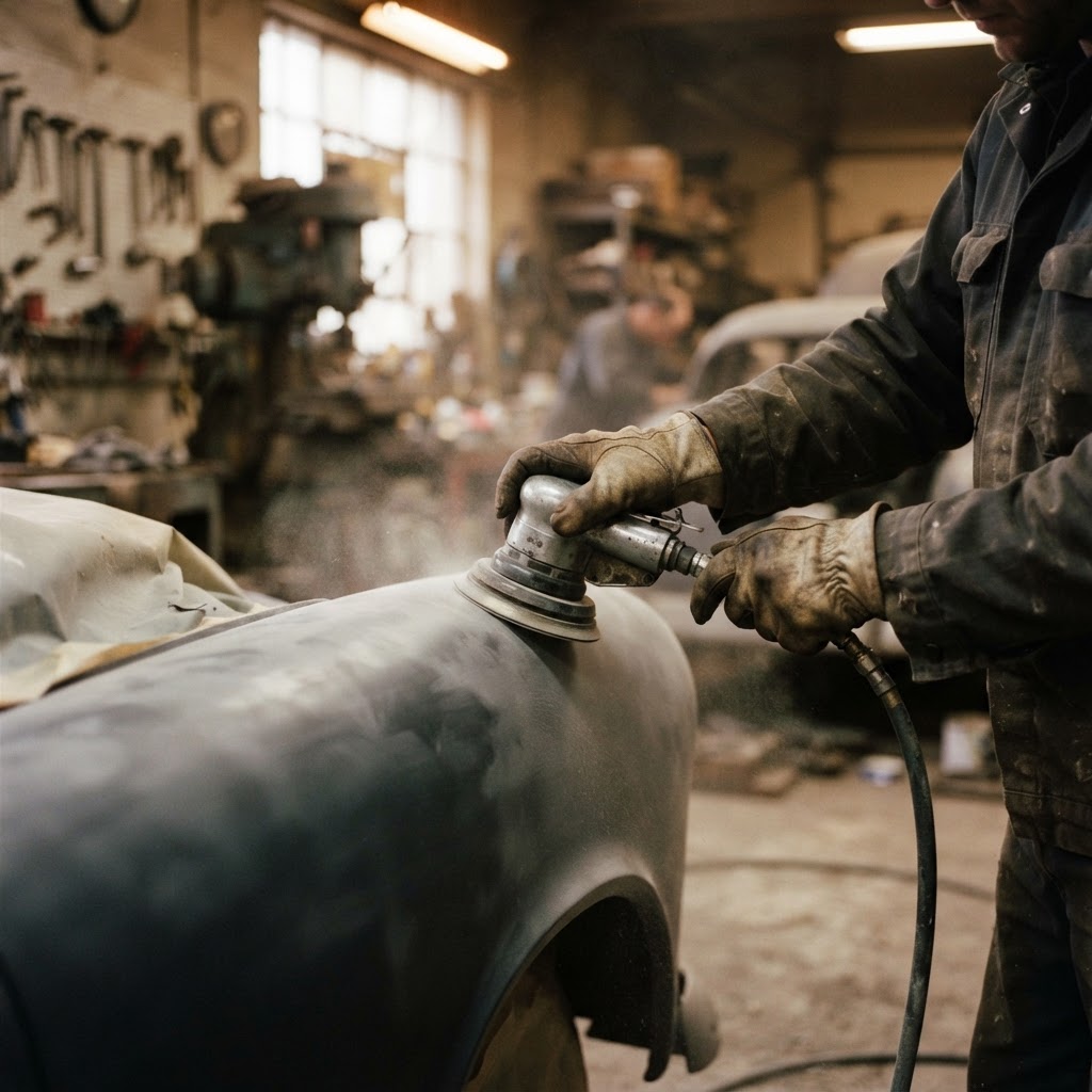 Close-up of gloved hands using a pneumatic sander on a car fender in a dusty workshop.