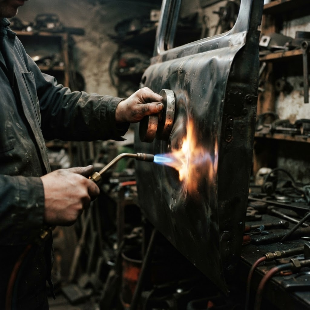Hands use a torch and dolly to repair a dented metal car door panel in a dim garage.