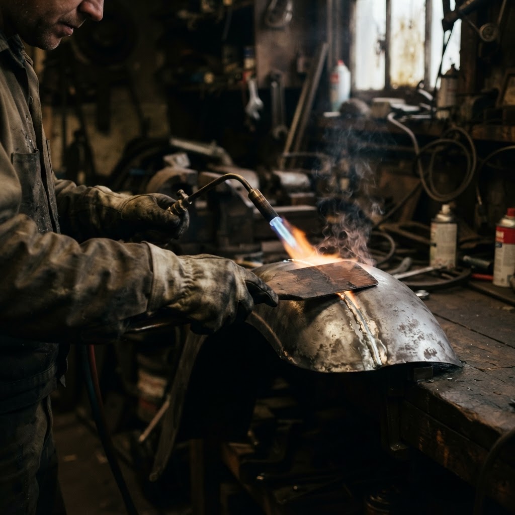 Side profile of hands using a torch and paddle to shape molten metal on a fender.