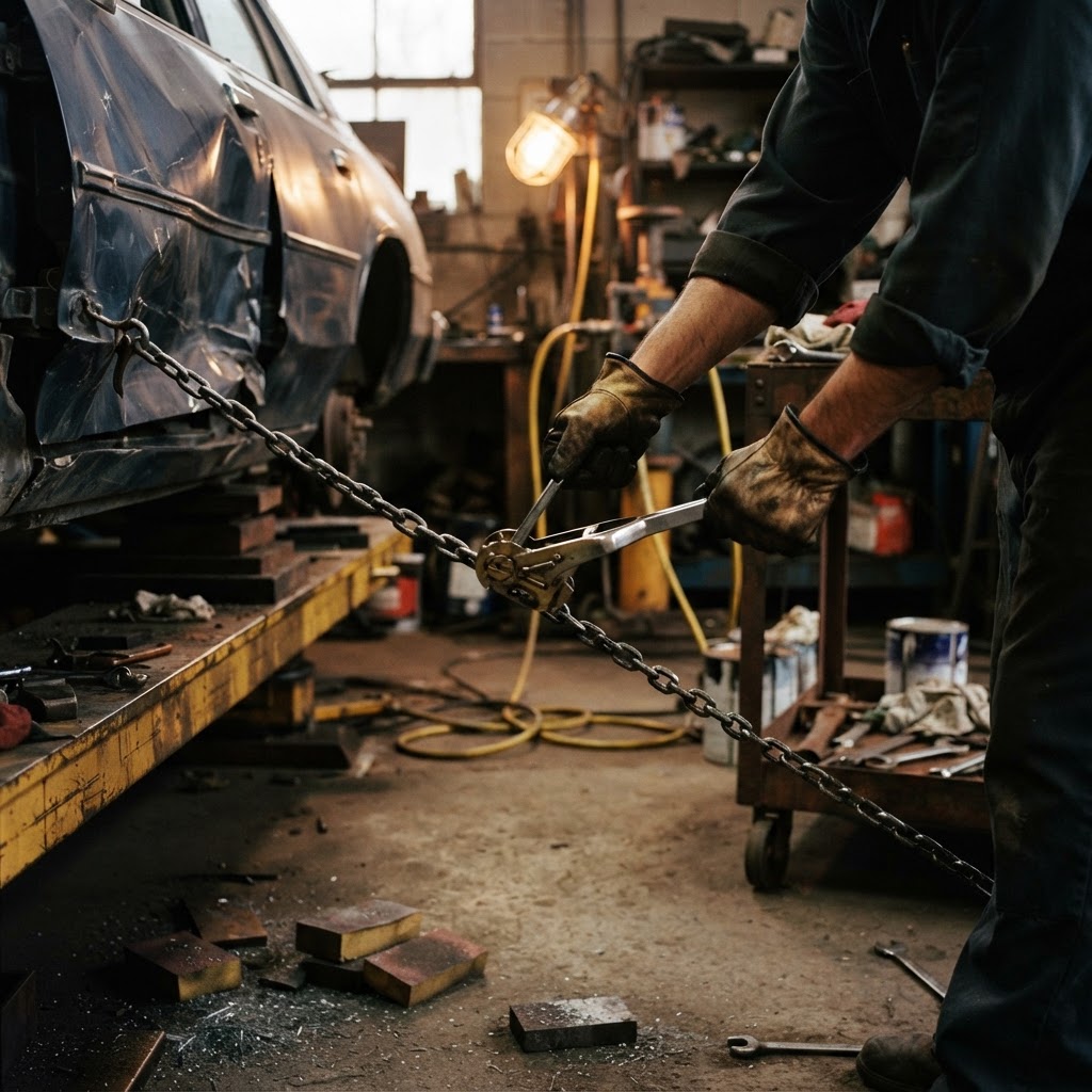 Hands in leather gloves tighten a hydraulic tensioning chain on a car frame machine in a cluttered repair garage.