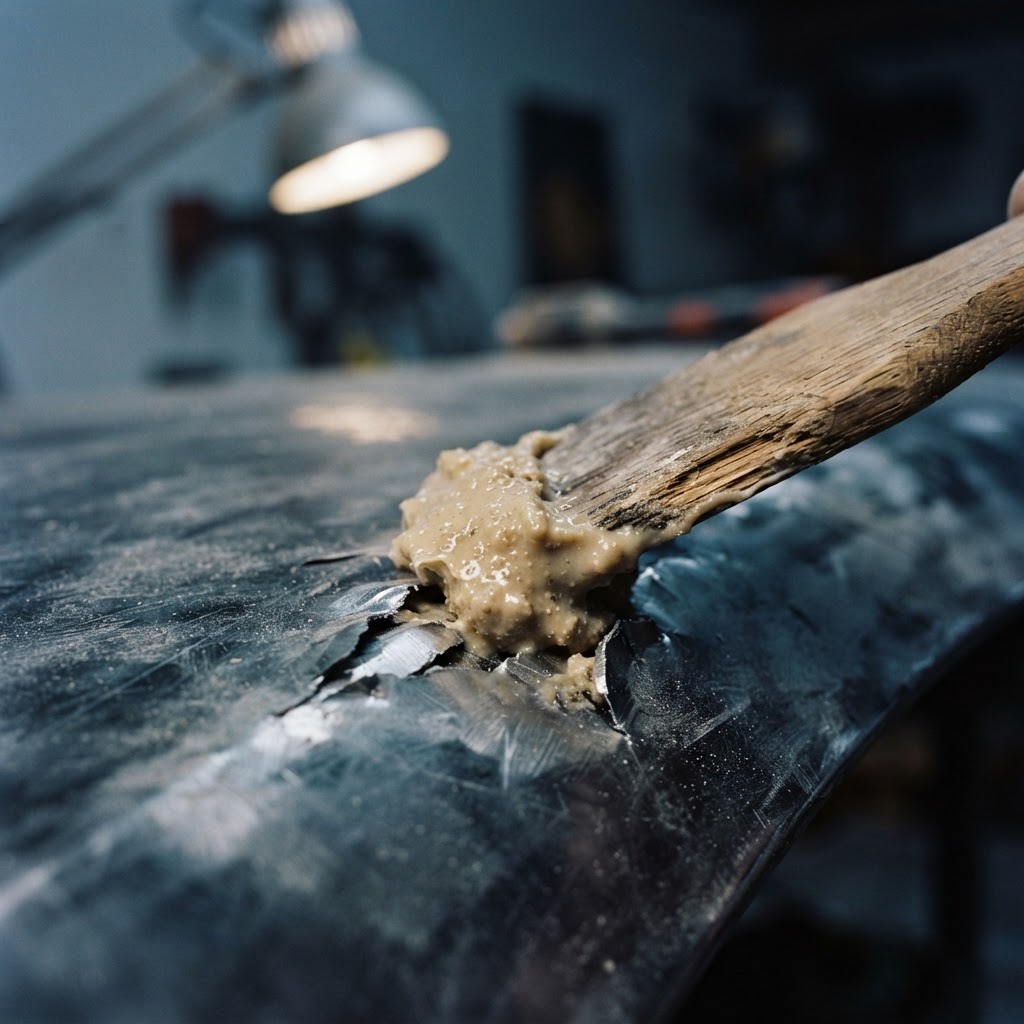 Close-up of a wooden paddle applying thick, beige body filler paste to a dent in a steel car door panel.