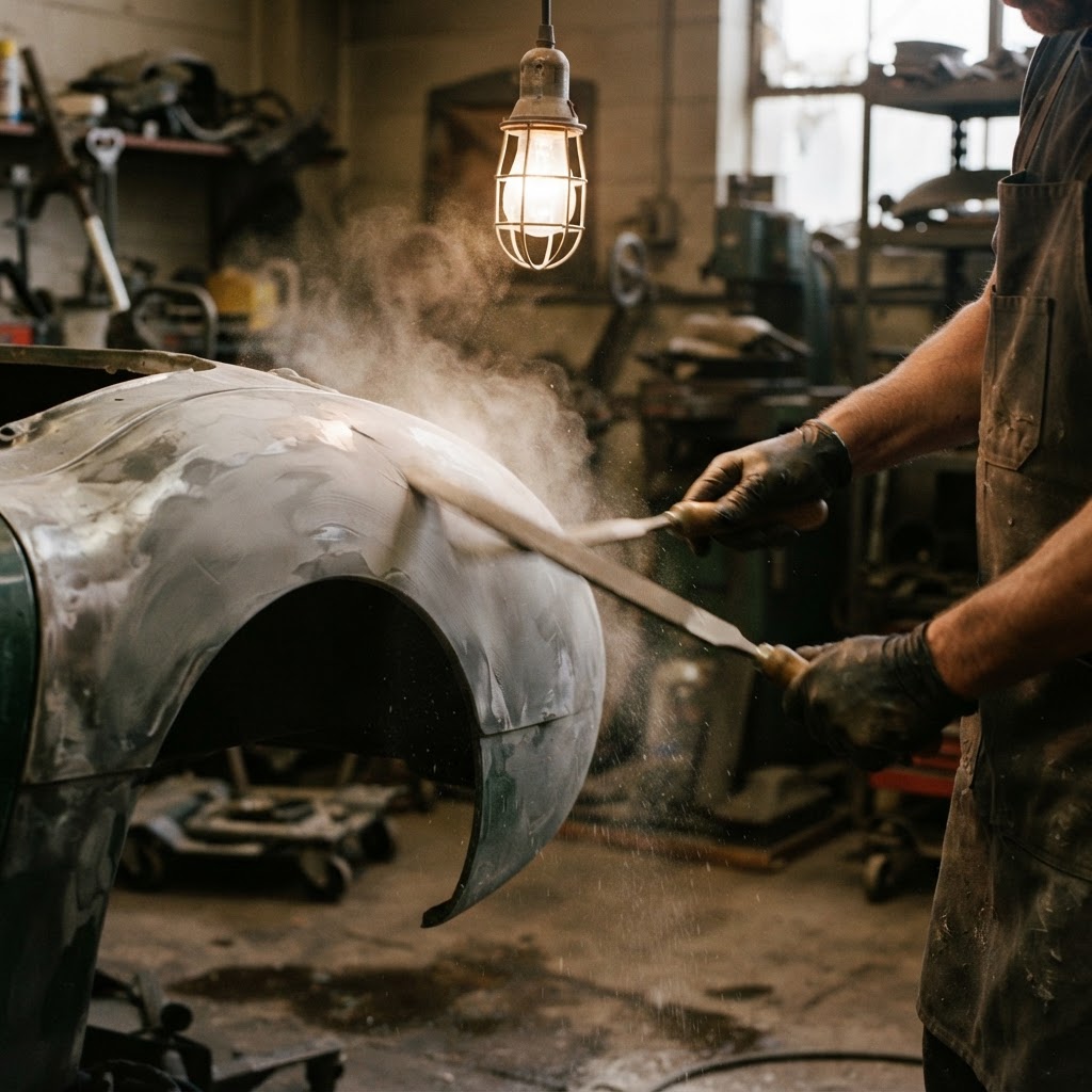 Hands using a metal file to shape body filler on a car fender in a dusty, dimly lit garage.