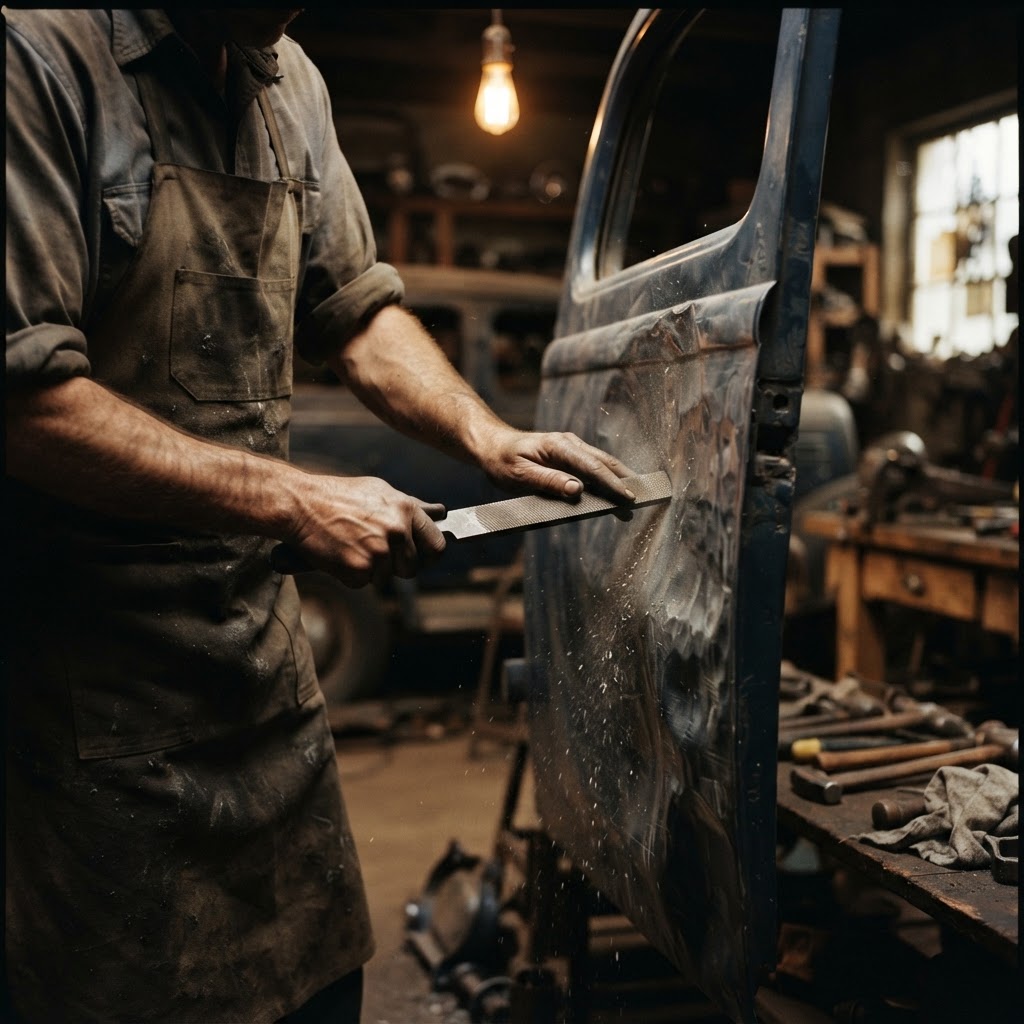 A craftsman's hands using a metal file to smooth a car body panel in a dim, industrial workshop.