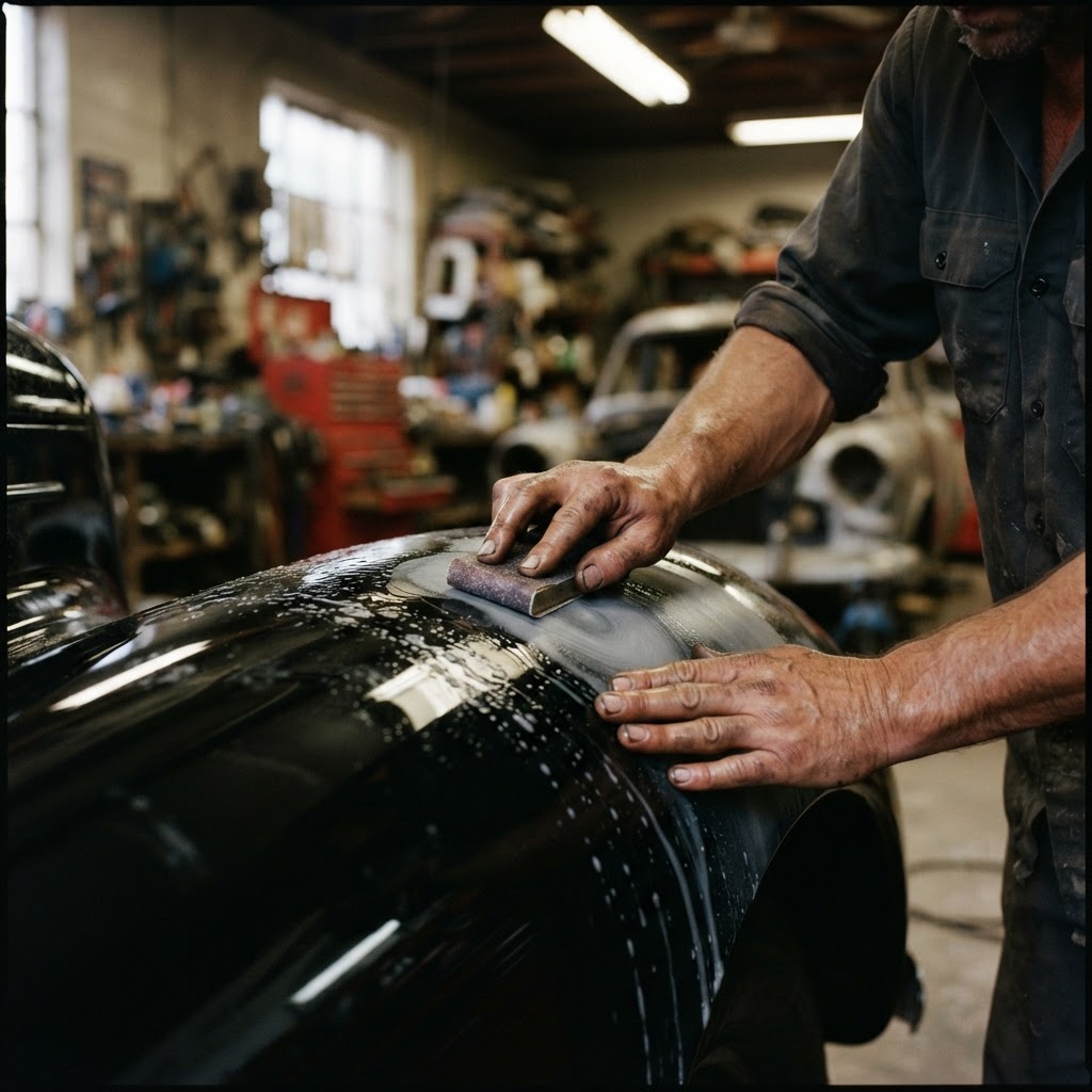 Hands wet-sanding the reflective black fender of a classic car in a workshop.