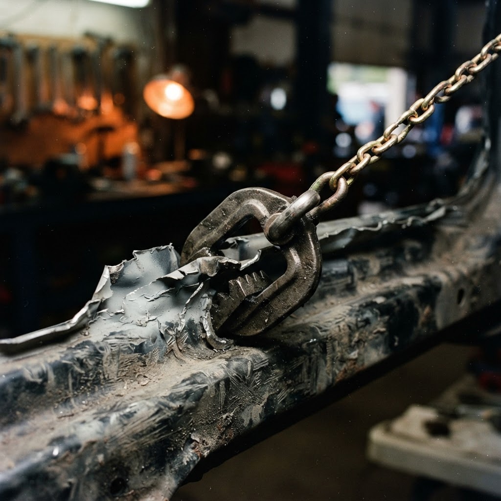 Close-up of a steel clamp and hydraulic chain gripping the twisted chassis of a vehicle during a repair.