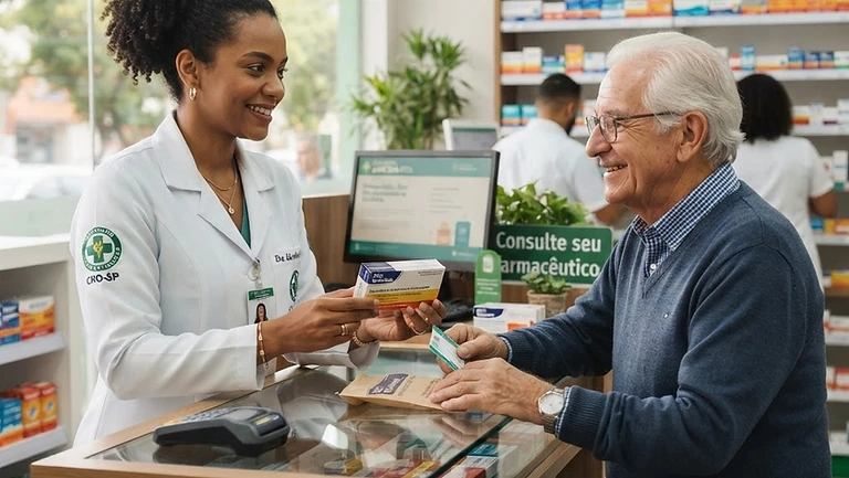 Farmacêutica atendendo com cuidado