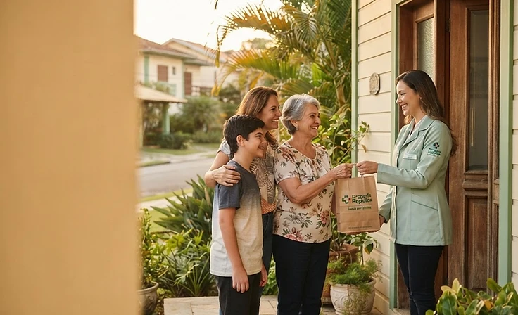 Família recebendo a entrega da farmacêutica em casa
