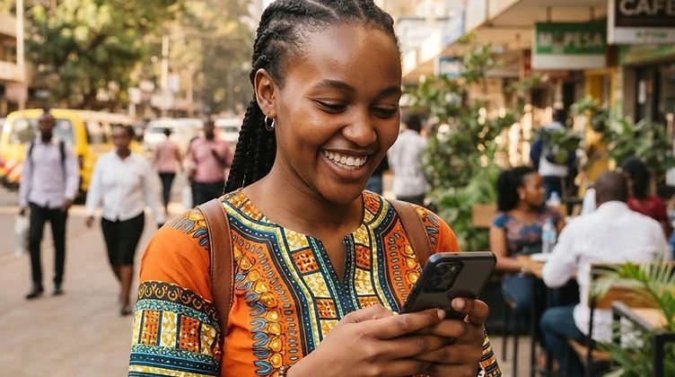 Young Kenyan entrepreneur using a smartphone