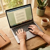 Hands typing on a laptop in a warm home office