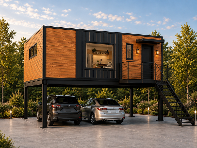 SkyBox ADU elevated on steel columns above a parking space