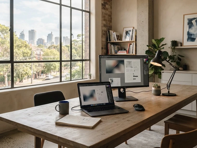 Premium creative design studio with a laptop, monitor and warm architectural light
