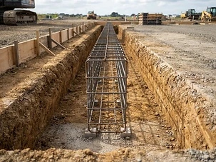 Raw concrete footing with exposed rebar reinforcement