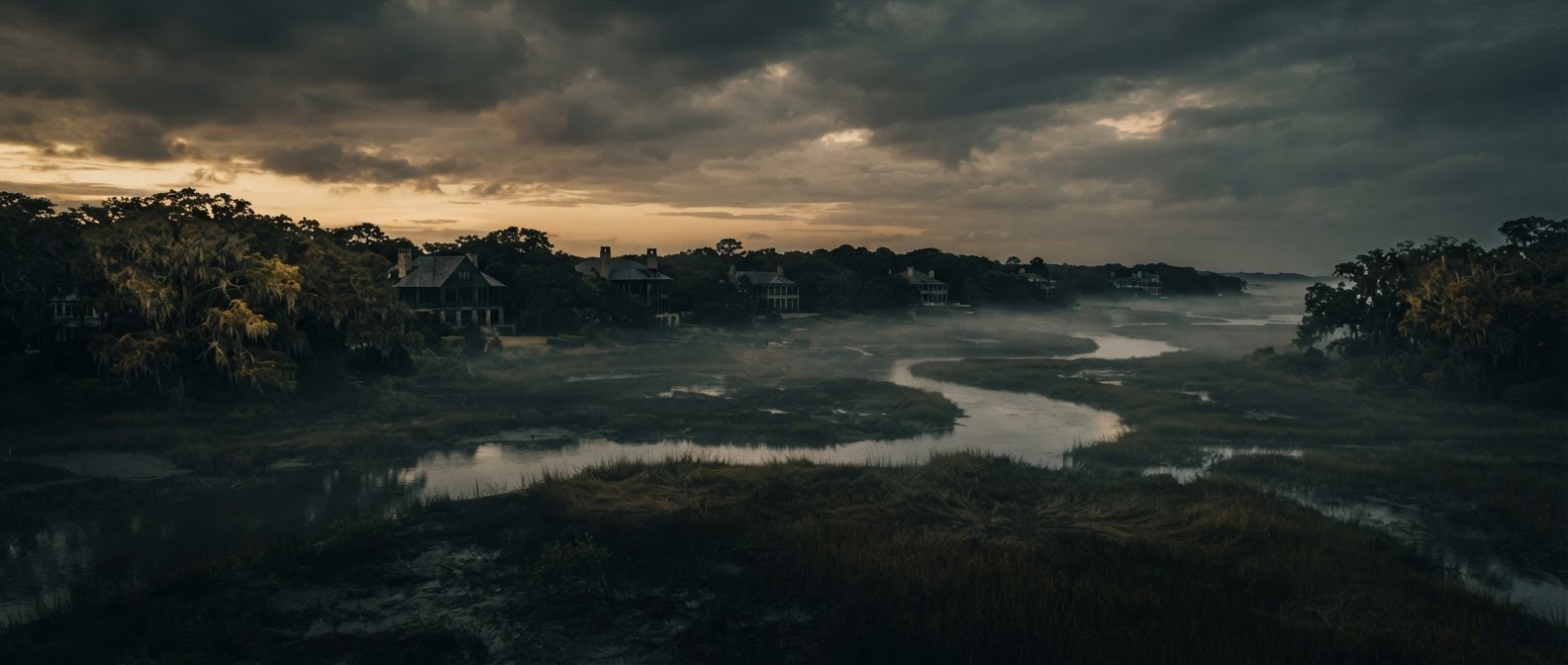Aerial view of the Golden Isles coastline at dusk