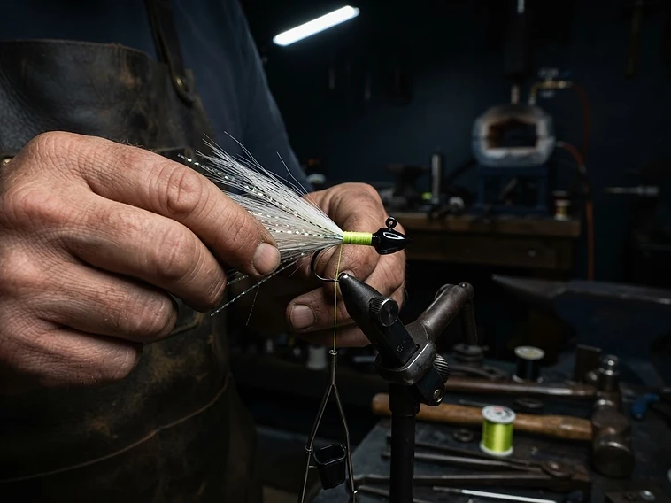 Artisan hand tying a Flair Hawk jig