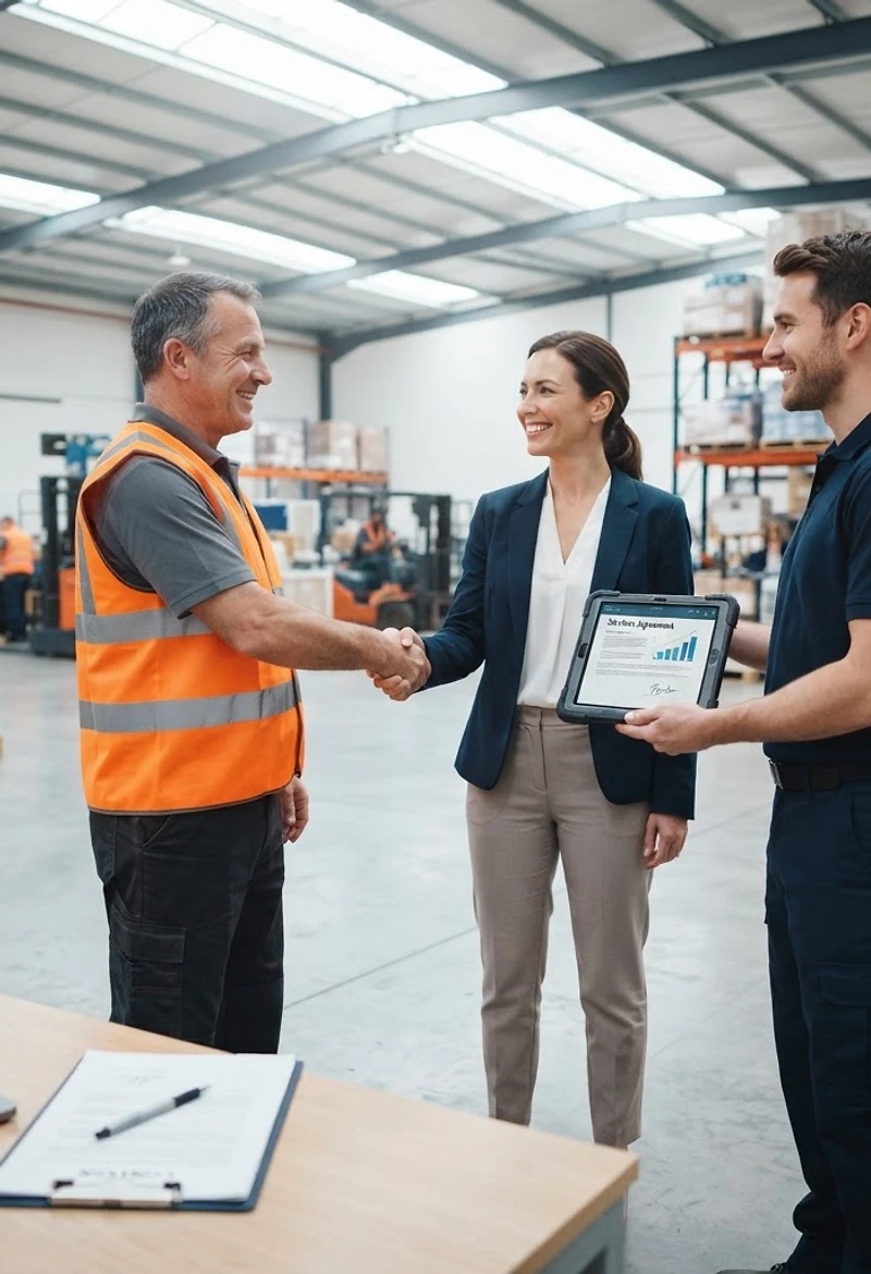 A business manager shaking hands with suppliers on a bright industrial marketplace trading floor