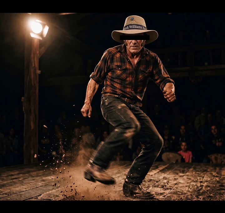 Appalachian mountain dancer mid-stomp on a weathered wooden stage, motion blur, dust, harsh stage light