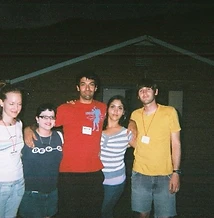 Five festival goers posing in a line in front of the building at JescoFest 2006