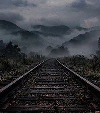 Rusted railroad tracks disappearing into misty Appalachian mountains at dusk