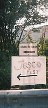 Hand-lettered Jesco FEST sign with arrow by the road at JescoFest 2006