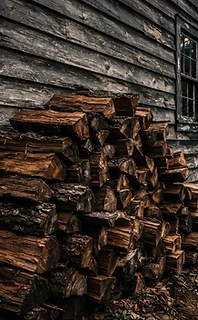 Stacks of split firewood against a weathered Appalachian cabin wall